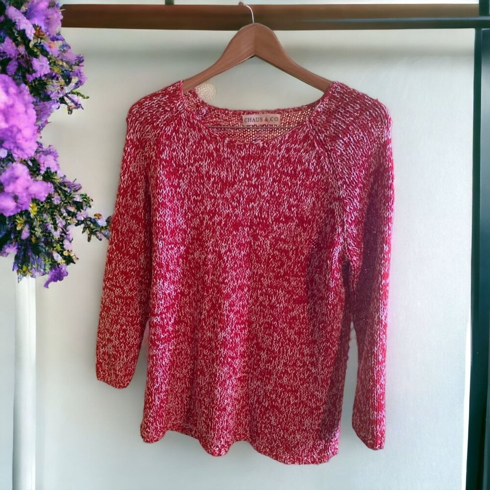 Chaus & Co Womens Sweater Large Red Crew Neck Pullover Knit Cottagecore Preppy